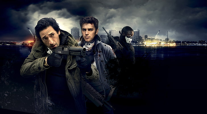 men's brown jacket, night, the city, lights, river, weapons, blood, helicopters, shotgun, poster, James, machines, Hayden Christensen, bandage, Frankie, Akon, Sugar, Adrien Brody, American Heist, Eikon, The robbery of the American, Adrian Brody, HD wallpaper