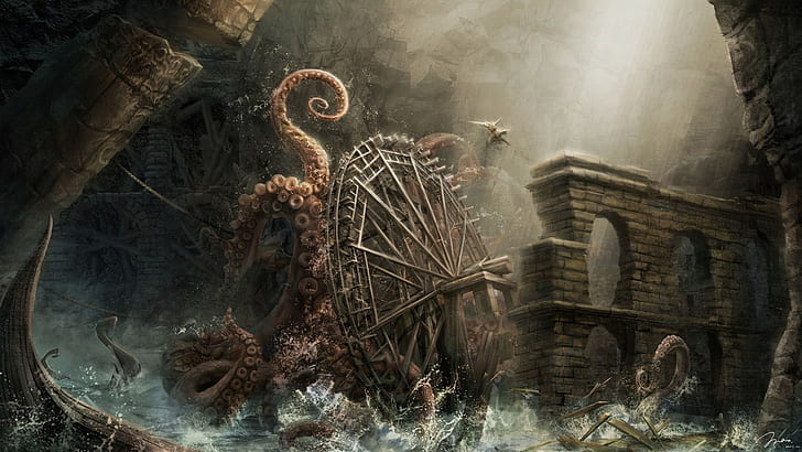 arte de fantasía, tentáculos, Kraken, Fondo de pantalla HD