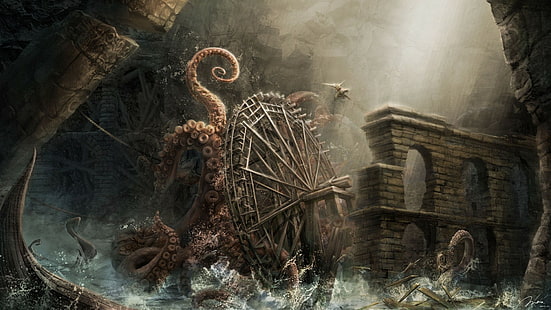 arte de fantasía, tentáculos, Kraken, Fondo de pantalla HD HD wallpaper