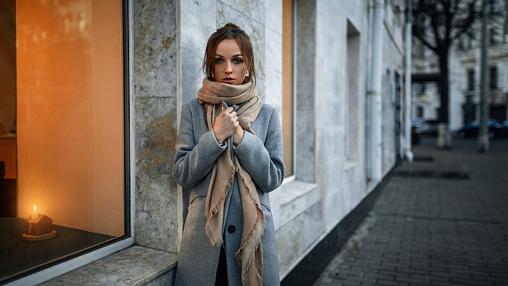 urban, women, women outdoors, candles, grey coat, coats, overcoats, HD wallpaper