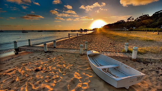 Strand, sand, båt, solnedgång, vatten, strand, sand, båt, solnedgång, vatten, HD tapet HD wallpaper