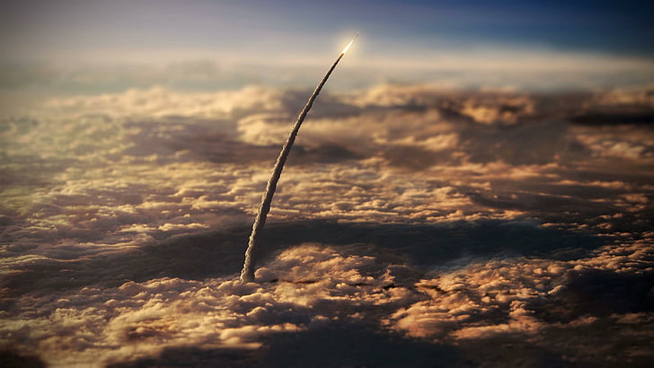 awan, roket, sistem peluncuran ruang angkasa, langit, awan, atmosfer, atmosfer bumi, horizon, sinar matahari, peluncuran ruang angkasa, rocketology, sls, nasa, spacex, peluncuran roket, Wallpaper HD
