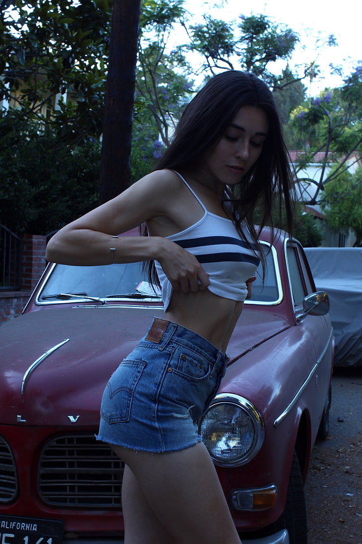 Audrey Bradford, model, jean shorts, Volvo Amazon, Volvo, white tops, high waisted short, side view, HD wallpaper