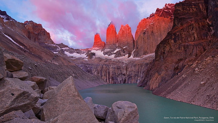 夜明け、トレスデルパイネ国立公園、パタゴニア、チリ、国立公園、 HDデスクトップの壁紙
