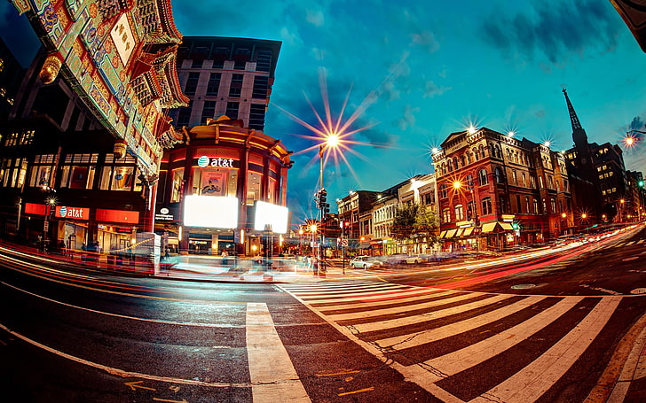 panoramic photo of crosswalk, chinatown, washington, pedestrian crossing, night, HD wallpaper