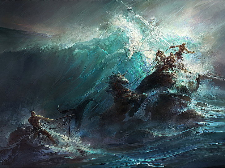 warriors with horses fighting Poseidon painting, Fantasy, Gods, Battle, HD wallpaper
