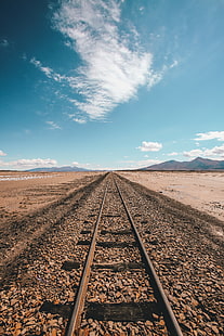 коричневые стальные рельсы поезда, железная дорога, горизонт, небо, HD обои HD wallpaper