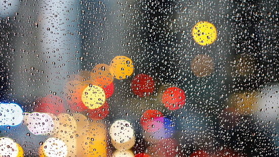 krople wody, deszcz, sztuka, woda, krople, bokeh, krople deszczu, światła bokeh, okno, fotografia makro, światła miasta, Tapety HD HD wallpaper