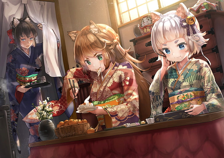 Anime Girls, Essen, niedlich, Tierohren, Kimono, Blondine, Anime, HD-Hintergrundbild