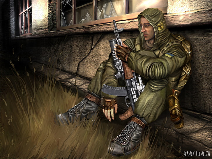 militar sentado ao lado de parede ilustração stalker flechas pripyat área arte, HD papel de parede