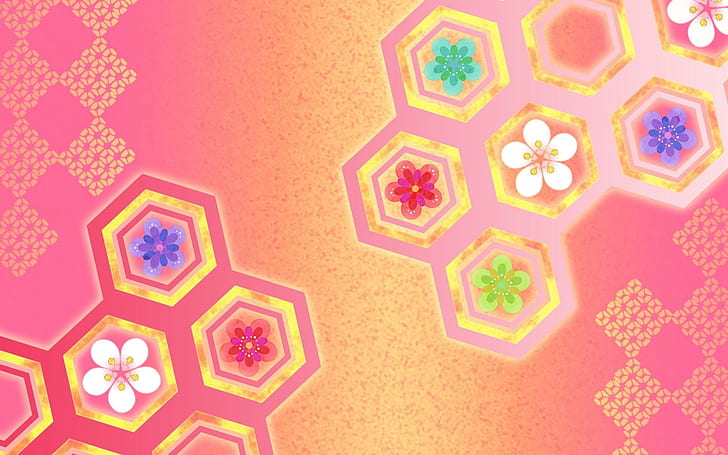 Aster di sarang lebah, pink ungu putih hijau ungu dan teal bunga dan wallpaper sarang lebah, seni digital, 1920x1200, daisy, honeycomb, Wallpaper HD