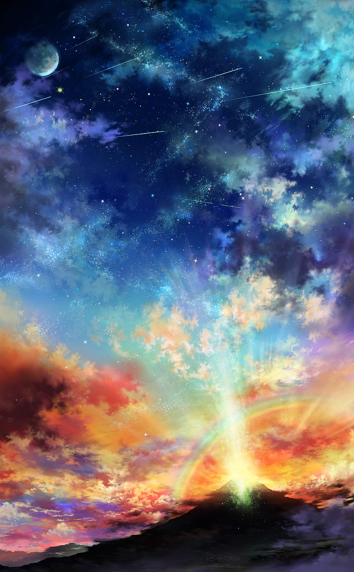 nuvole e arcobaleno illustrazione, paesaggio, cielo, montagne, alba, nuvole, Sfondo HD, sfondo telefono