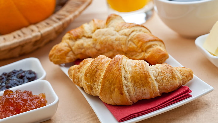 Croissant Brote, Croissant, Marmelade, Teller, HD-Hintergrundbild