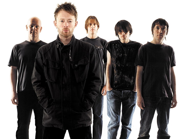 jaqueta zip-up preta masculina, radiohead, banda, membros, olhar, plano de fundo, HD papel de parede