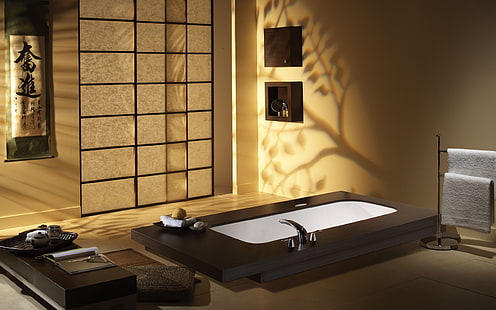 อ่างอาบน้ำสีดำและสีขาวห้องตกแต่งภายในสะดวกสบายห้องน้ำการออกแบบ, วอลล์เปเปอร์ HD HD wallpaper