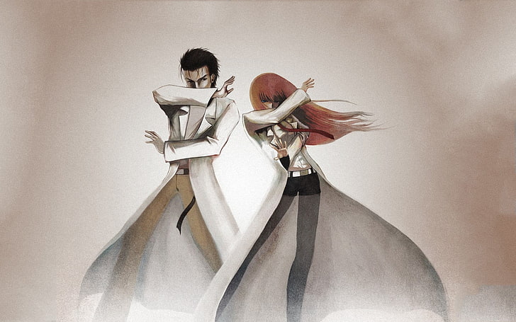 Mann und Frau tragen weiße Top Anime Charakter Illustration, Anime, Okabe Rintarou, Makise Kurisu, Anime Mädchen, Anime Jungen, Steins; Gate, HD-Hintergrundbild