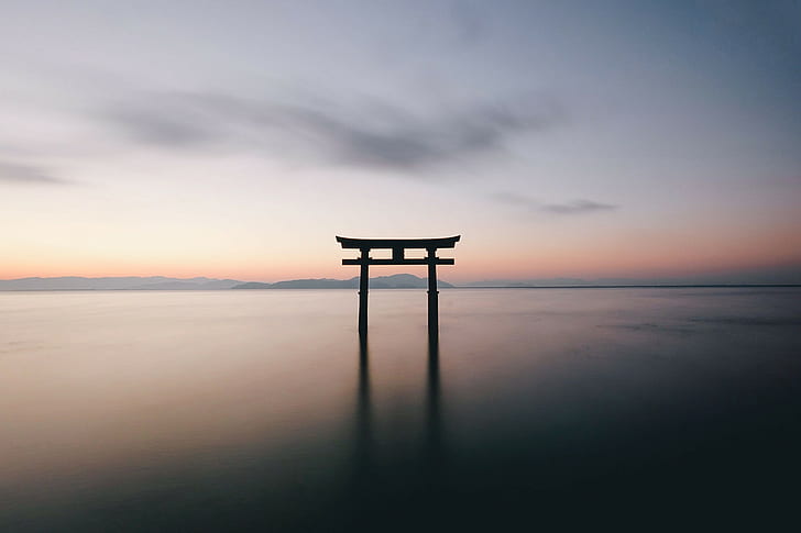 mar, horizonte, paisagem, monumentos, simples, arquitetura asiática, fotografia, portões, reflexão, torii, HD papel de parede
