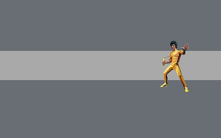 kuning, lajur, orang, minimalis, latar belakang abu-abu, Bruce Lee, kung fu, Nunchuck, Wallpaper HD