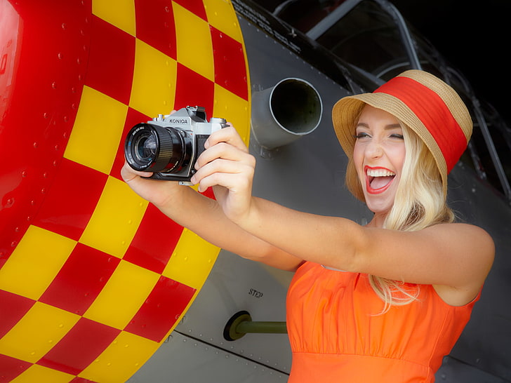 camera, open mouth, women, hat, aircraft, HD wallpaper