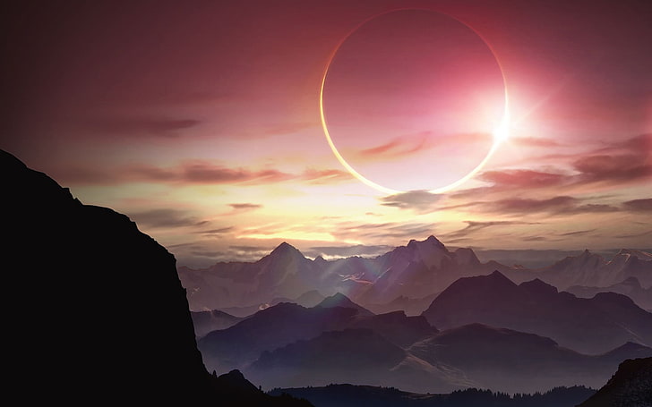 gunung abu-abu, gerhana, gerhana matahari, karya seni, seni fantasi, pegunungan, lansekap, matahari, lampu, Wallpaper HD