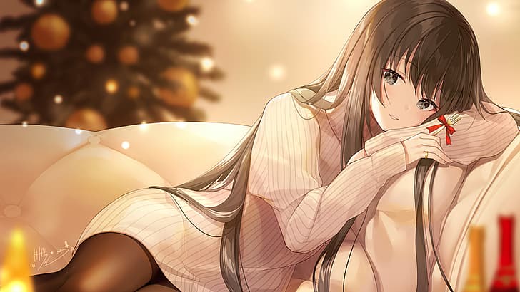 Anime, Anime Girls, Betrachter betrachten, Weihnachten, lächelnd, HD-Hintergrundbild