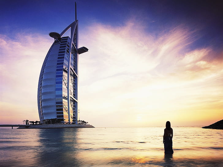 perkotaan, laut, siluet, hotel, bangunan, Burj Al Arab, Wallpaper HD