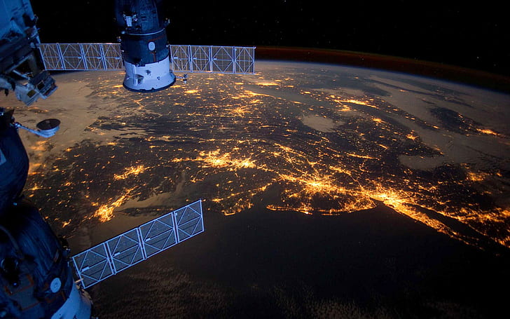 espaço, terra, ISS, noite, luz, cidade, estação espacial internacional, HD papel de parede