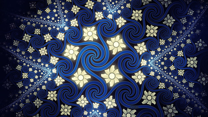 сине-белая абстрактная живопись, абстракция, фрактал, спираль, HD обои