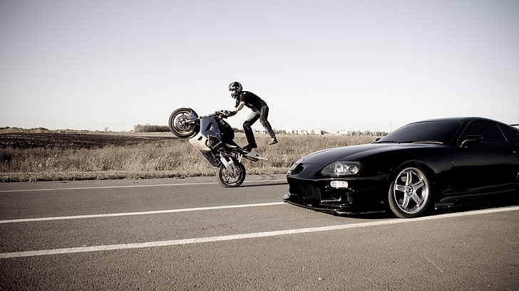 black sports coupe and blue and white sports bike, car, motorcycle, Supra, HD wallpaper