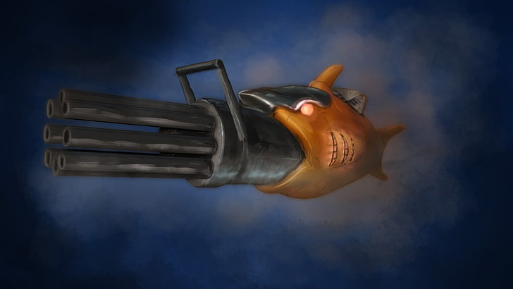 hiu oranye dengan ilustrasi pistol, Terraria, video game, ikan, minigun, minishark, Wallpaper HD