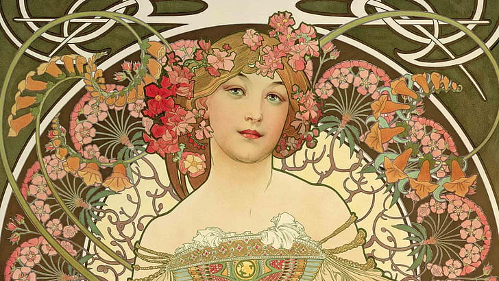 Figur, Malerei, Komposition, weibliche Bilder, Alphonse Mucha, Alfons Maria Mucha, Schönheit mit Blumen, HD-Hintergrundbild