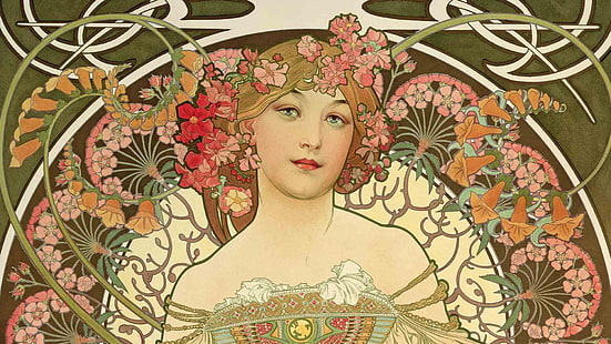 Figur, Malerei, Komposition, weibliche Bilder, Alphonse Mucha, Alfons Maria Mucha, Schönheit mit Blumen, HD-Hintergrundbild HD wallpaper