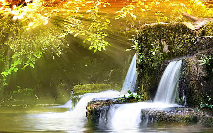 Small waterfall and sunlight, Waterfall, Sunlight, HD wallpaper