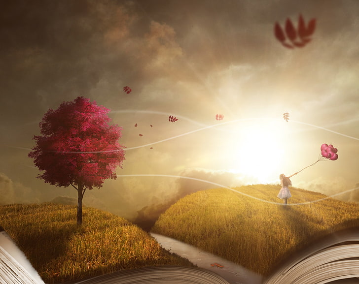 Child Girl, Story Book, Surreal Photography, red leafed tree, Aero, Creative, Girl, Grass, Leaves, Fantasy, Tree, Balloons, Wind, Book, surreal, child, photomanipulation, HD wallpaper