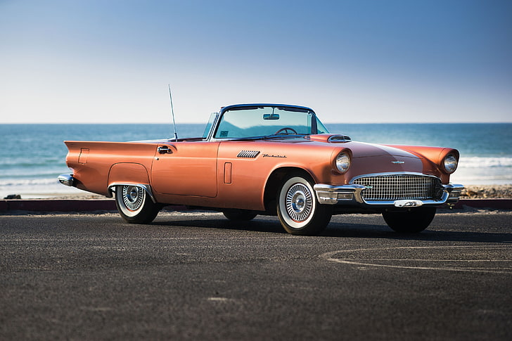 vintage orange convertible car, vehicle, 1957 Ford Thunderbird Special, Ford Thunderbird, car, oldtimers, HD wallpaper