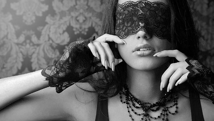 blindfold, monochrome, women, lace, hand on face, HD wallpaper