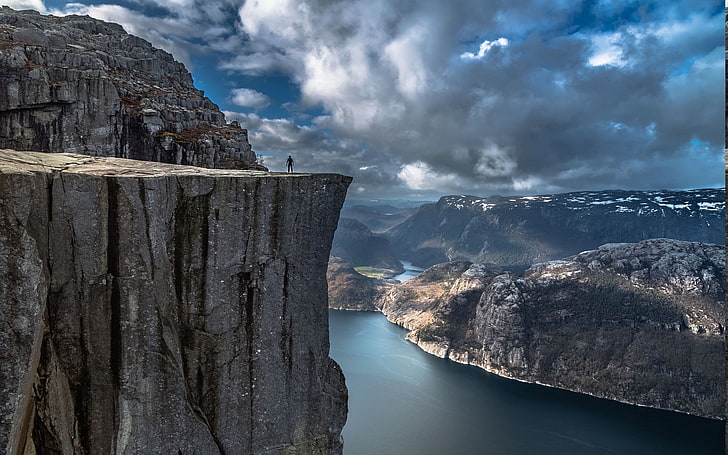 Alone, Calm, cliff, clouds, Europe, Fjord, landscape, mountain, nature, Norway, Preikestolen, rock, sea, Valley, water, HD wallpaper