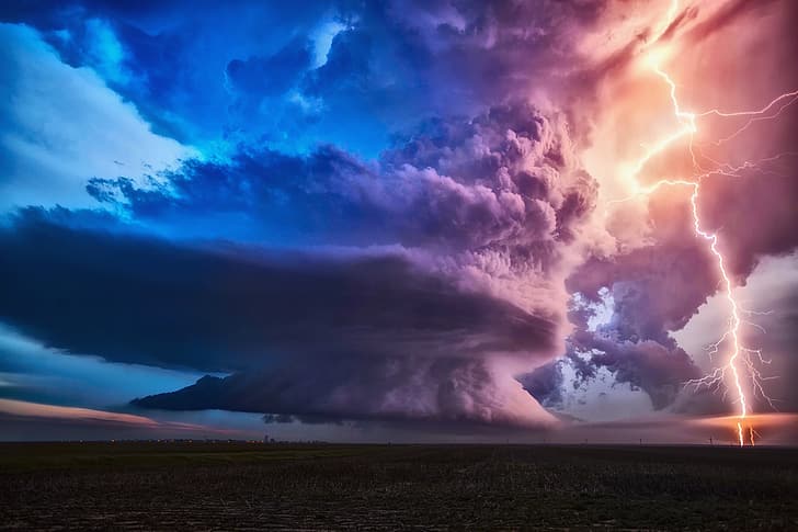 field, clouds, storm, zipper, lightning, cyclone, HD wallpaper