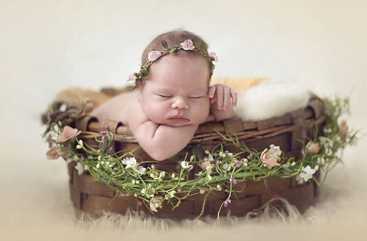 Karangan bunga, Tidur, Bayi imut, Wallpaper HD