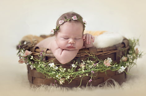 Karangan bunga, Tidur, Bayi imut, Wallpaper HD HD wallpaper