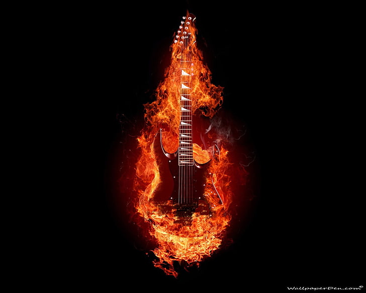 red superstrat guitar digital wallpaper, guitar, musical instrument, fire, digital art, HD wallpaper
