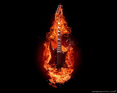 червена суперстратна китара дигитален тапет, китара, музикален инструмент, огън, дигитално изкуство, HD тапет HD wallpaper