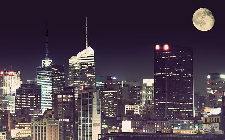 cityscape digital wallpaper, night, the city, the moon, new York, HD wallpaper
