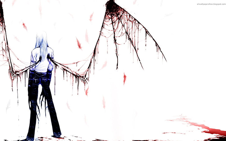 man with wings animated illustration, blood, wings, men, long hair, demon, anime, feathers, HD wallpaper