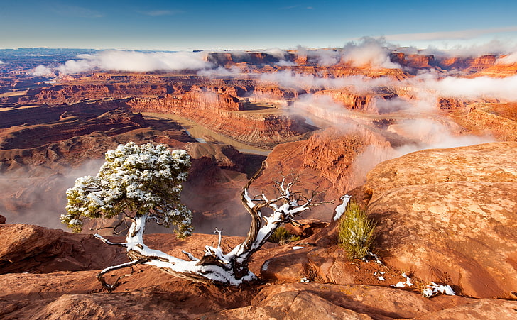 Dead Horse Point State Park after snowfall, Utah, brown mountain, United States, Utah, Travel, Nature, Beautiful, Landscape, Winter, Scenery, Amazing, Clouds, Panoramic, Show, conservation, Spectacular, moab, Overlook, Tour, visit, unitedstates, canyonlandsnationalpark, coloradoriver, tourism, statepark, IUCN, DeadHorsePoint, ProtectedAreas, HD wallpaper