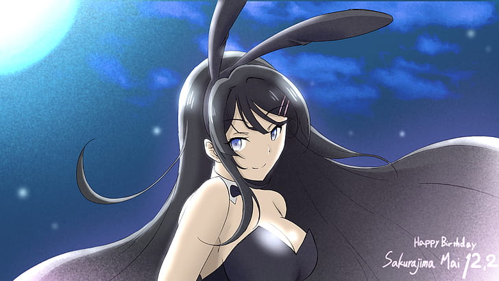 Anime, Rascal Does Not Dream of Bunny Girl Senpai, czarne włosy, niebieskie oczy, uszy królika, dziewczyna, Mai Sakurajima, Tapety HD
