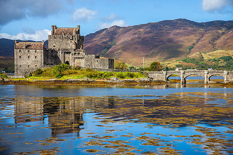 montañas, puente, Escocia, el fiordo, el castillo de Eilean Donan, Fondo de pantalla HD HD wallpaper