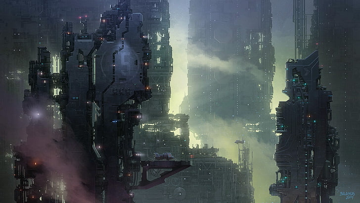 futuristic, aircraft, science fiction, cyberpunk, futuristic city, city, HD wallpaper