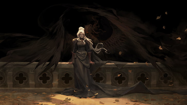 Kobieta ze skrzydłami tapeta postać fikcyjna, sztuka fantasy, grafika, sztuka cyfrowa, dziewczyna fantasy, wiatr, diabeł, liście, Tapety HD