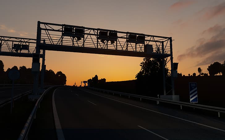 matahari terbenam, ETS2, jalan raya, transportasi, Eropa, video game, Wallpaper HD